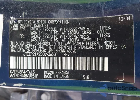 2005 Toyota Highlander V6 z USA, uszkodzony, nr VIN JTEEP21A250093658